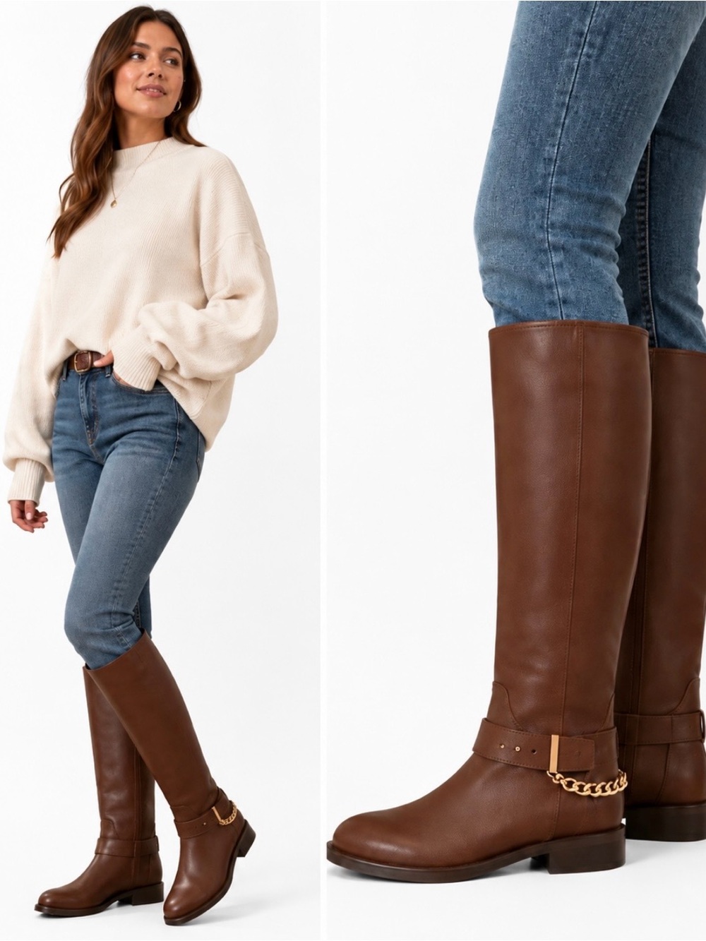 Aqua Riley Brown Leather knee high Riding Boots - Women
